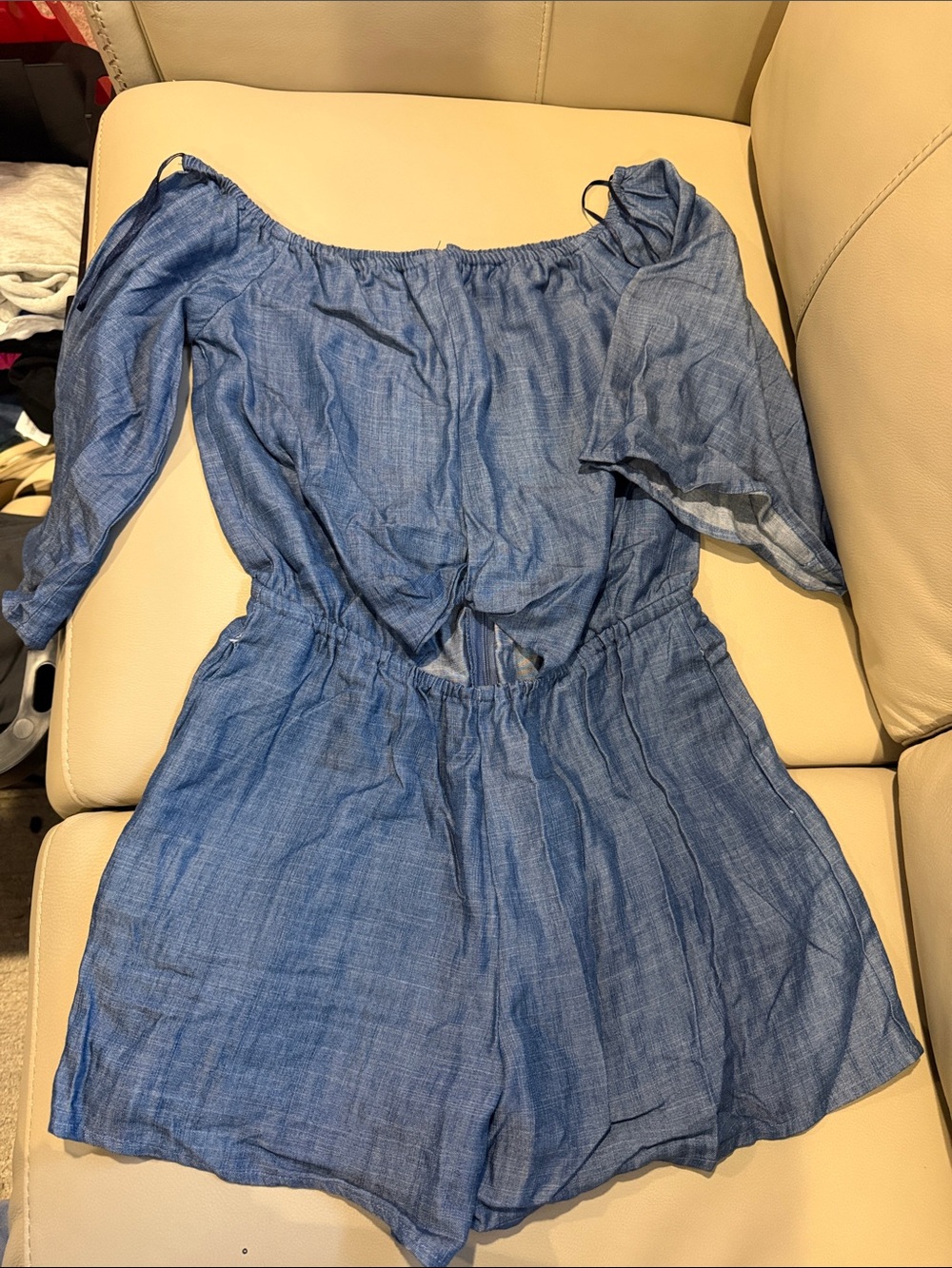 Seed Heritage Chambray Off-Shoulder Romper in Denim Medium Blue